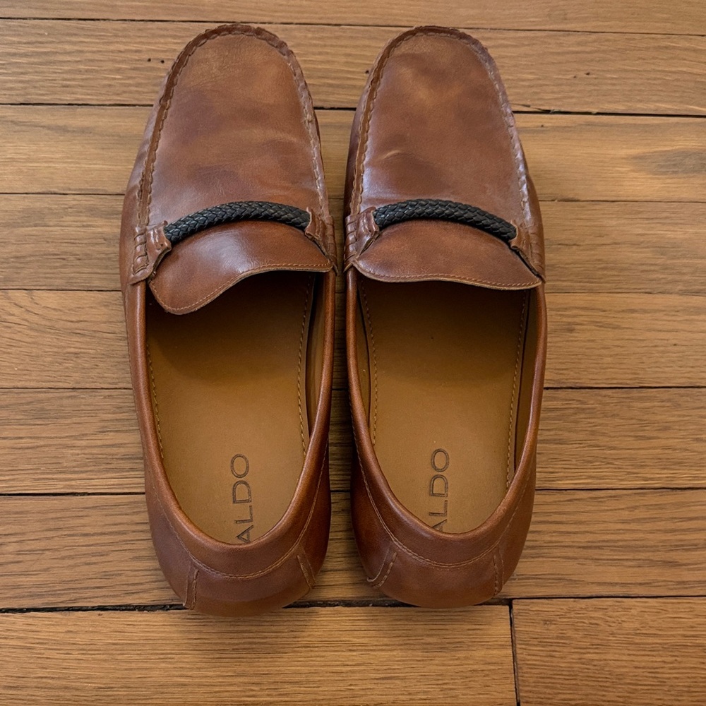 ALDO Men's Tan Leather Slip-On Loafers with Black Braided Accent